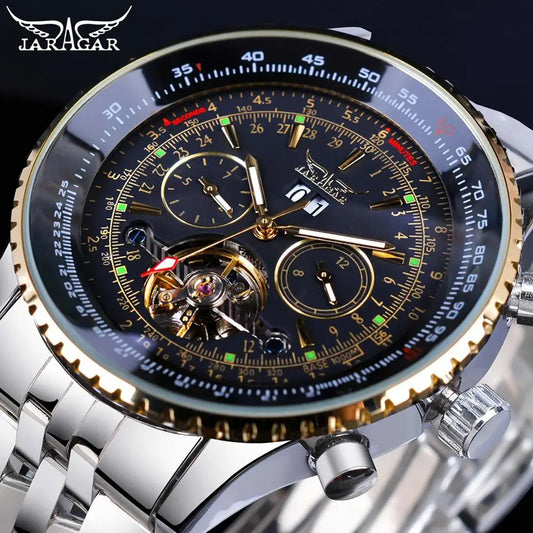 Jaragar 2025 Flying Series Golden Bezel Scale Dial Design Stainless Steel Mens Watch Top Brand Luxury Automatic Mechanical