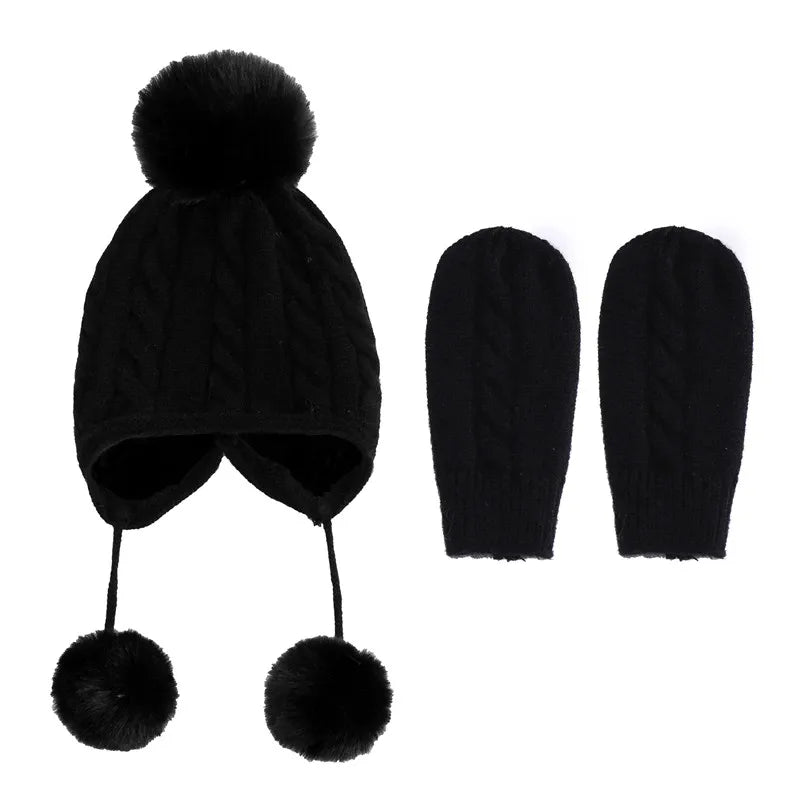 Wholesale 2 PCS Beanie Pure Color Baby Kids Girls Boys Winter Warm Knit Hat Cute Glove Lovely Comfortable Elastic Suitable