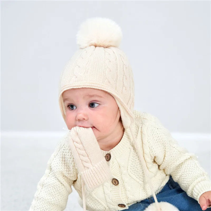 Wholesale 2 PCS Beanie Pure Color Baby Kids Girls Boys Winter Warm Knit Hat Cute Glove Lovely Comfortable Elastic Suitable