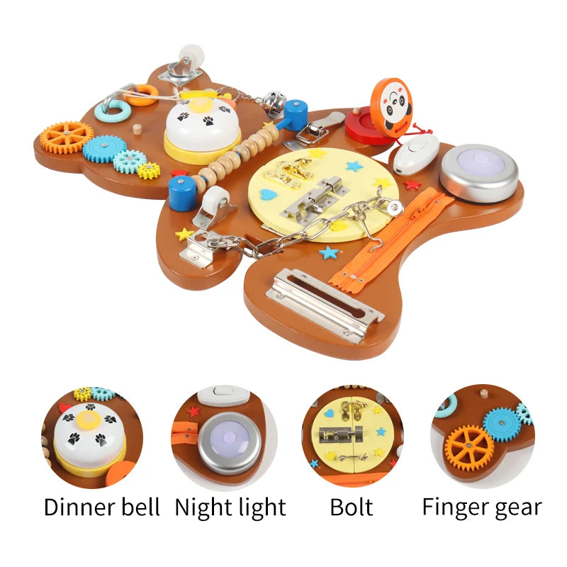 Factory Direct Sale Montessori Sensory Wooden Brown Bear Busy Activity Board Children Educational Learning Toys for Baby Kids