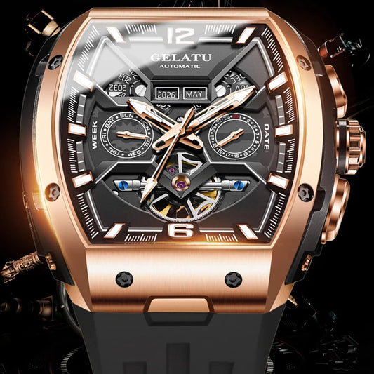 Tonneau Luxury Skeleton Watch for Men Mechanical 50M Waterproof Analogue Watch Unique Cool Silicone Strap Band Automatic Watch