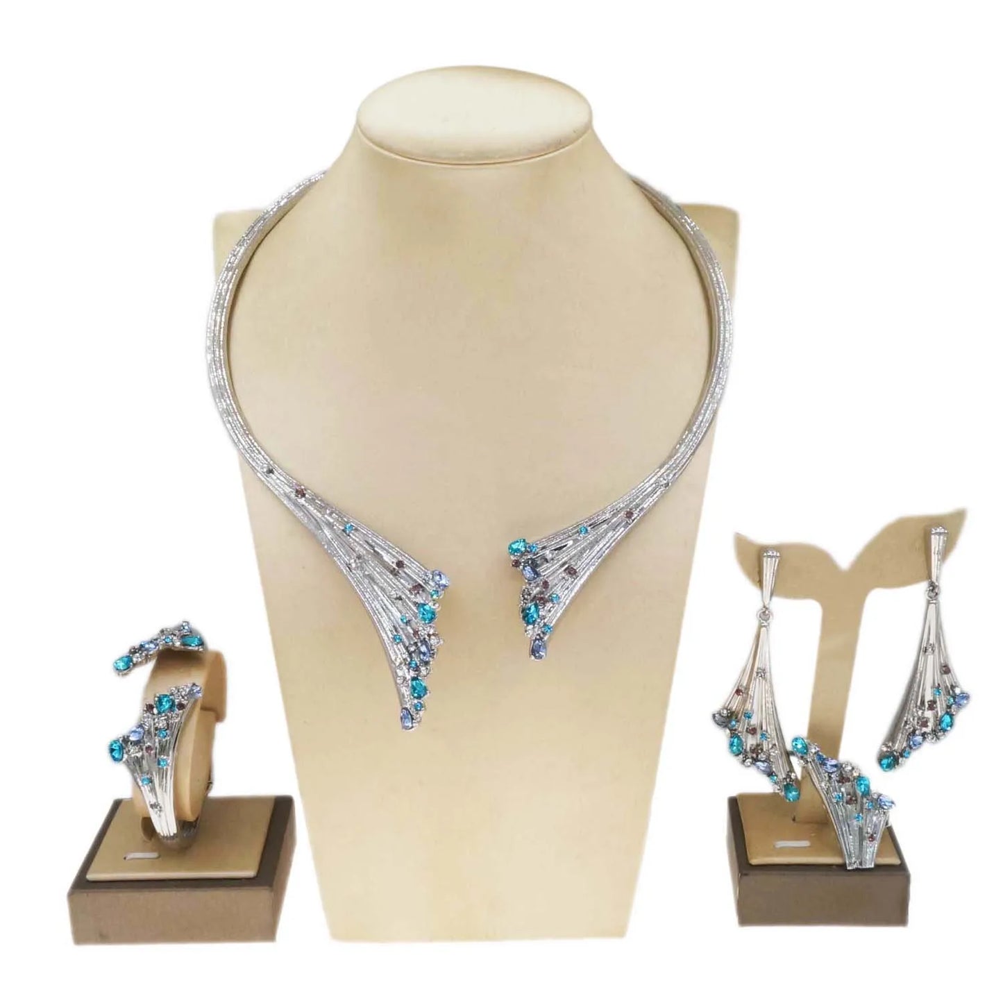 Yulaili New 24k Gold Wedding Multicolor Stone Necklace Silver Set Accessories Fashion High Quality Hot Selling Zircon Jewelry