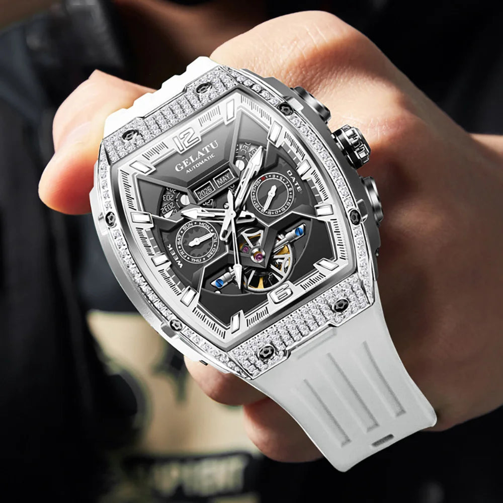 Tonneau Luxury Skeleton Watch for Men Mechanical 50M Waterproof Analogue Watch Unique Cool Silicone Strap Band Automatic Watch
