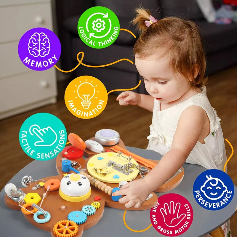 Factory Direct Sale Montessori Sensory Wooden Brown Bear Busy Activity Board Children Educational Learning Toys for Baby Kids
