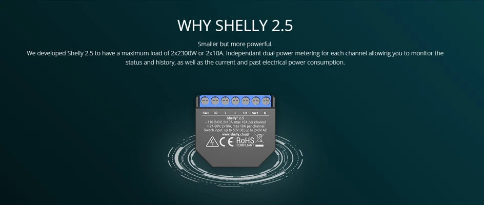 Shelly 2.5 Smart Home Double Relay WiFi Switch Roller Shutter Open Source Wireless  For Garage Door Curtain Dual Power Metering