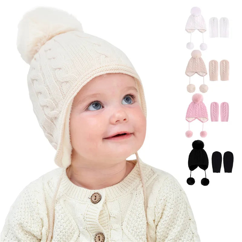 Wholesale 2 PCS Beanie Pure Color Baby Kids Girls Boys Winter Warm Knit Hat Cute Glove Lovely Comfortable Elastic Suitable