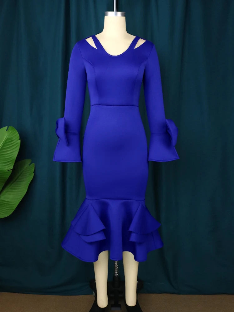 Flare Sleeves Bow Cold Shoulder Ruffles Mermaid Women Evening Dresses
