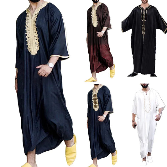 New Fashion Middle East Arab Men V-neck Printed Half Sleeve Thin Robe Ethnic Long Shirt Loose Men's Clothes Casual Dress Robe