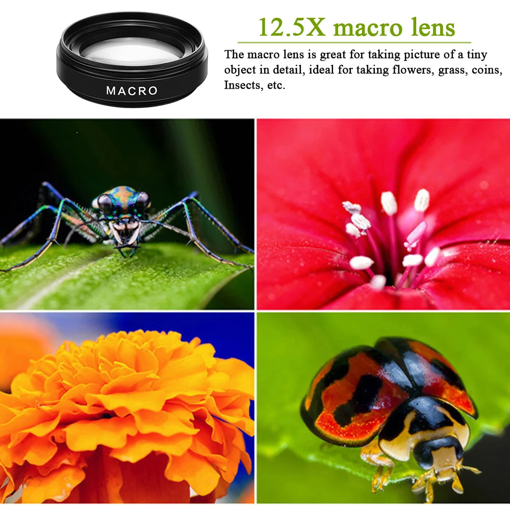 Phone Lens Kit 0.45x Super Wide Angle & 12.5x Super Macro Lens HD Camera Lentes for iPhone 12 11 Xiaomi Huawei All Cellphone