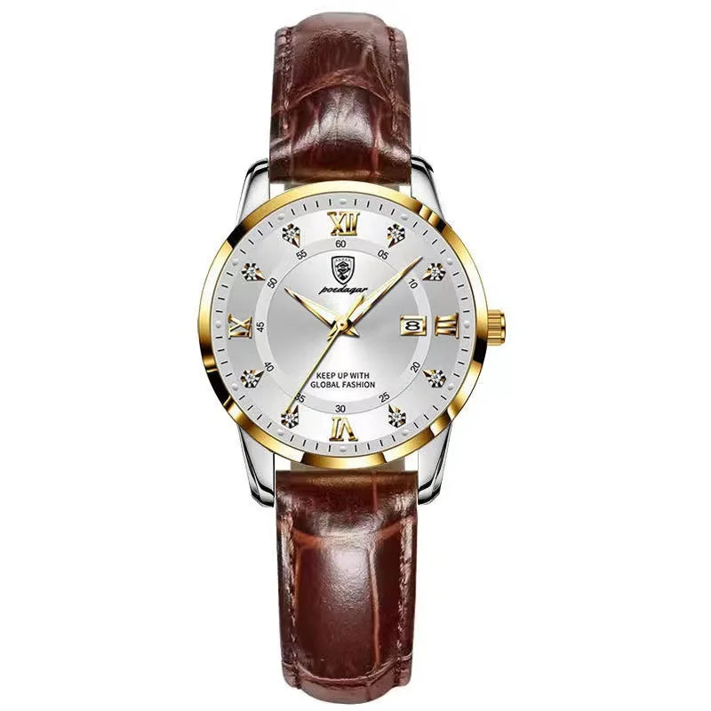 POEDAGAR 268 Casual Gold Wrist Watch Luxury Waterproof Luminous Ladies Stainless Steel Leather Quartz Watch for Women Girl Reloj