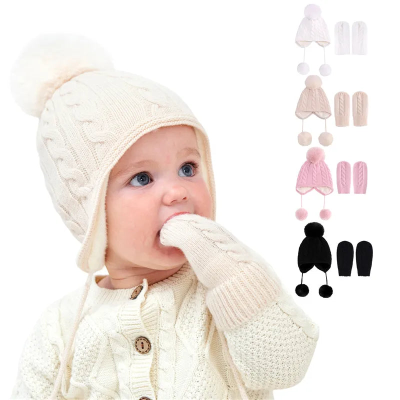 Wholesale 2 PCS Beanie Pure Color Baby Kids Girls Boys Winter Warm Knit Hat Cute Glove Lovely Comfortable Elastic Suitable