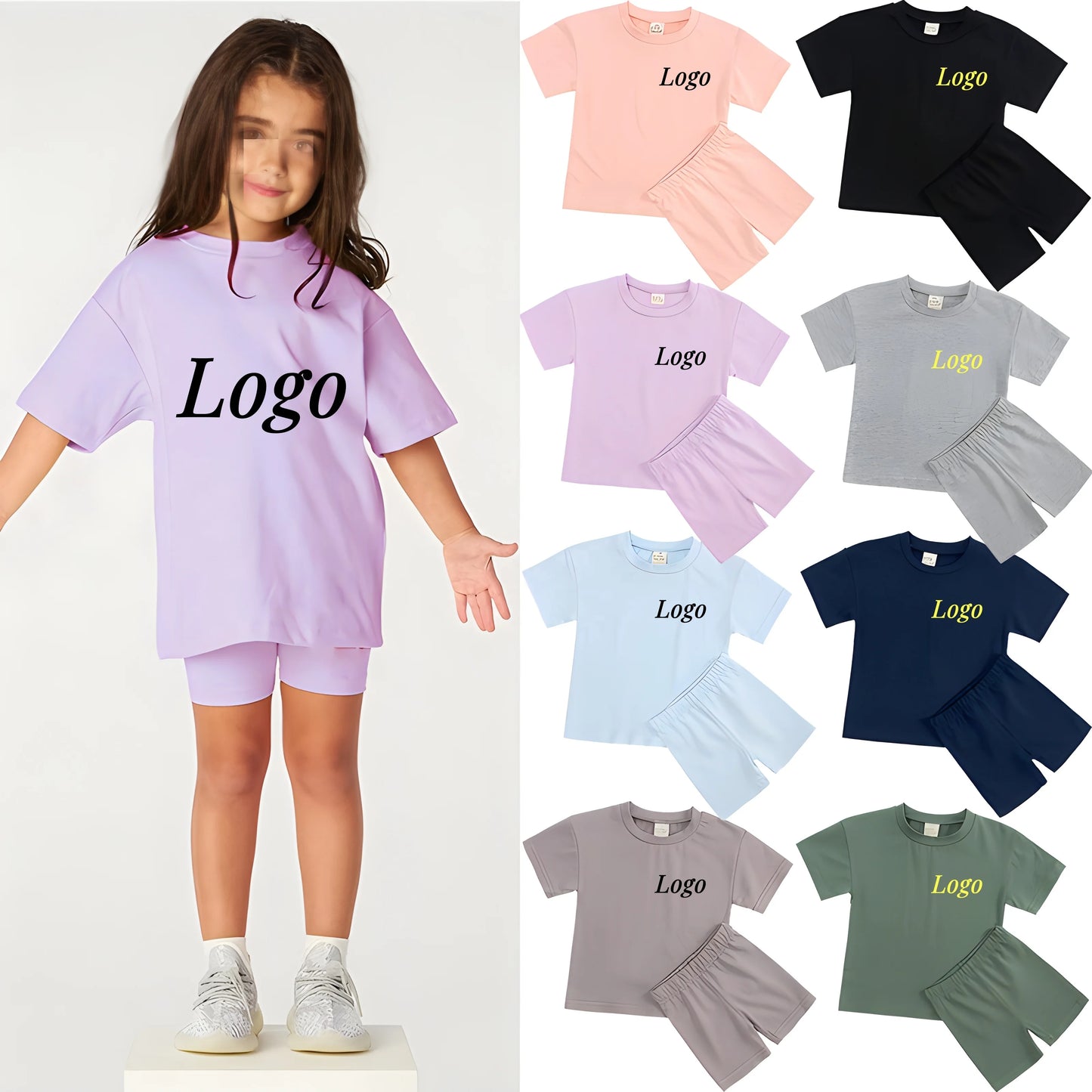 Kids Baby Two Pieces Clothing Sets Cotton T-shirt Shorts Sets Custom logo Baby Kids Summer Wear Shorts Two Pcs Sets