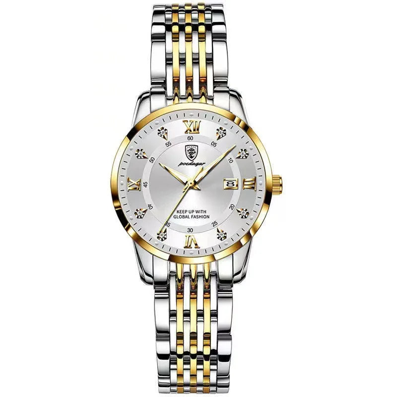 POEDAGAR 268 Casual Gold Wrist Watch Luxury Waterproof Luminous Ladies Stainless Steel Leather Quartz Watch for Women Girl Reloj