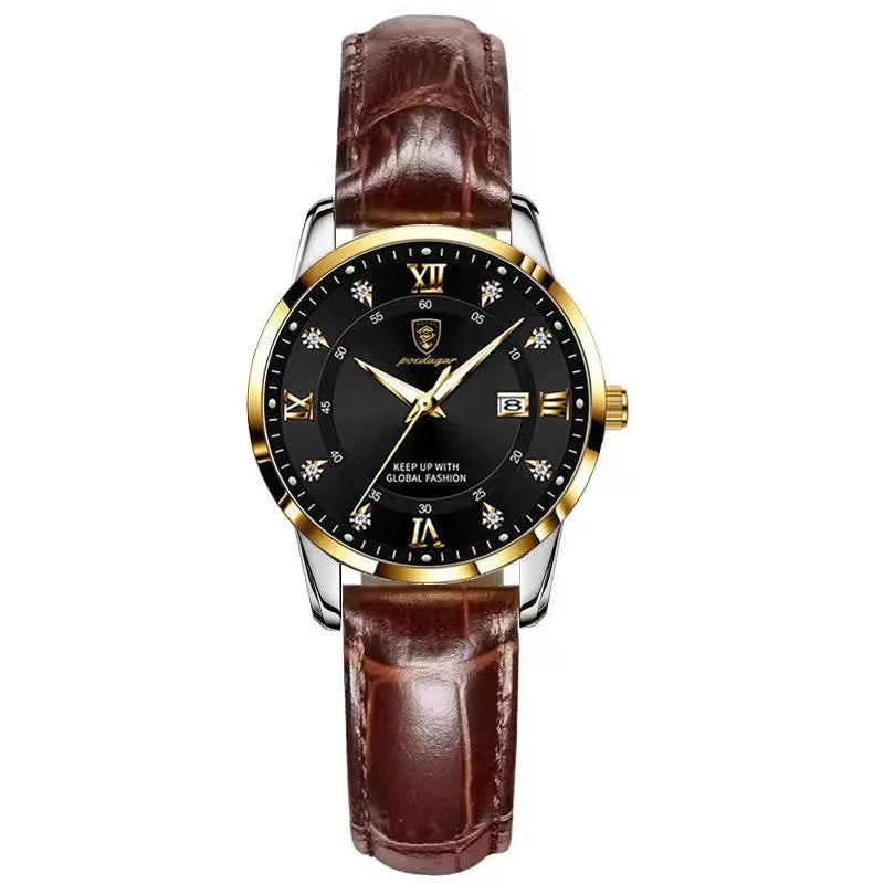 POEDAGAR 268 Casual Gold Wrist Watch Luxury Waterproof Luminous Ladies Stainless Steel Leather Quartz Watch for Women Girl Reloj