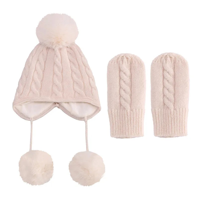 Wholesale 2 PCS Beanie Pure Color Baby Kids Girls Boys Winter Warm Knit Hat Cute Glove Lovely Comfortable Elastic Suitable