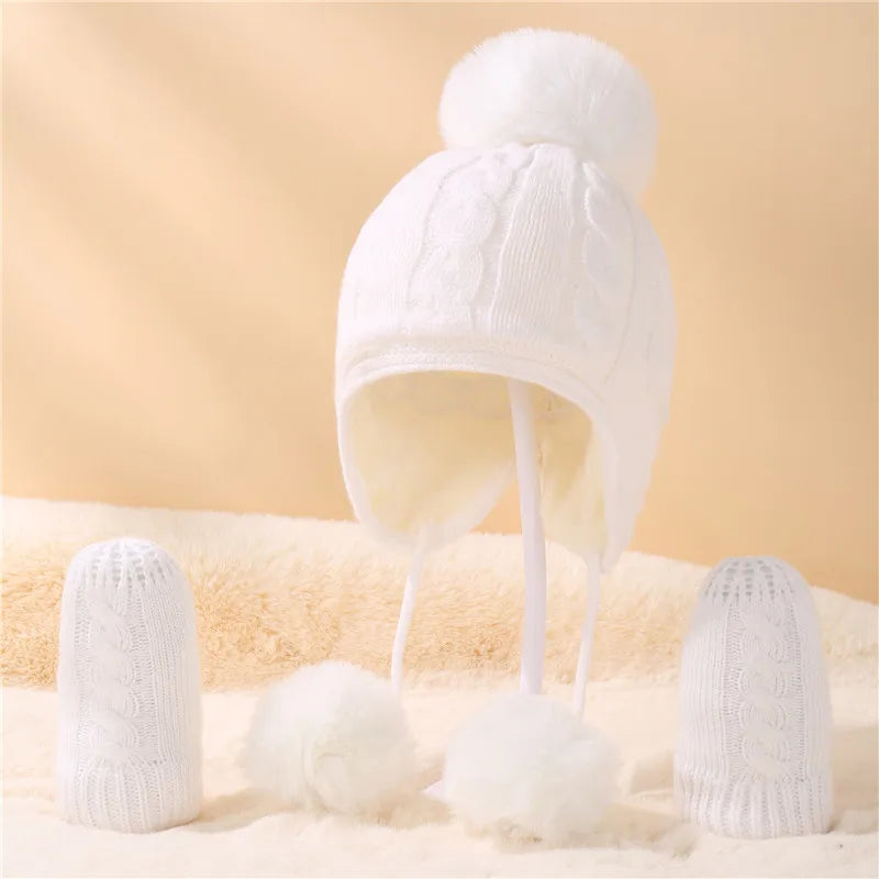 Wholesale 2 PCS Beanie Pure Color Baby Kids Girls Boys Winter Warm Knit Hat Cute Glove Lovely Comfortable Elastic Suitable