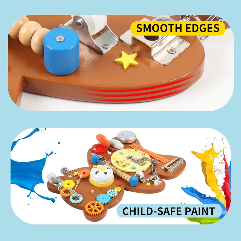 Factory Direct Sale Montessori Sensory Wooden Brown Bear Busy Activity Board Children Educational Learning Toys for Baby Kids