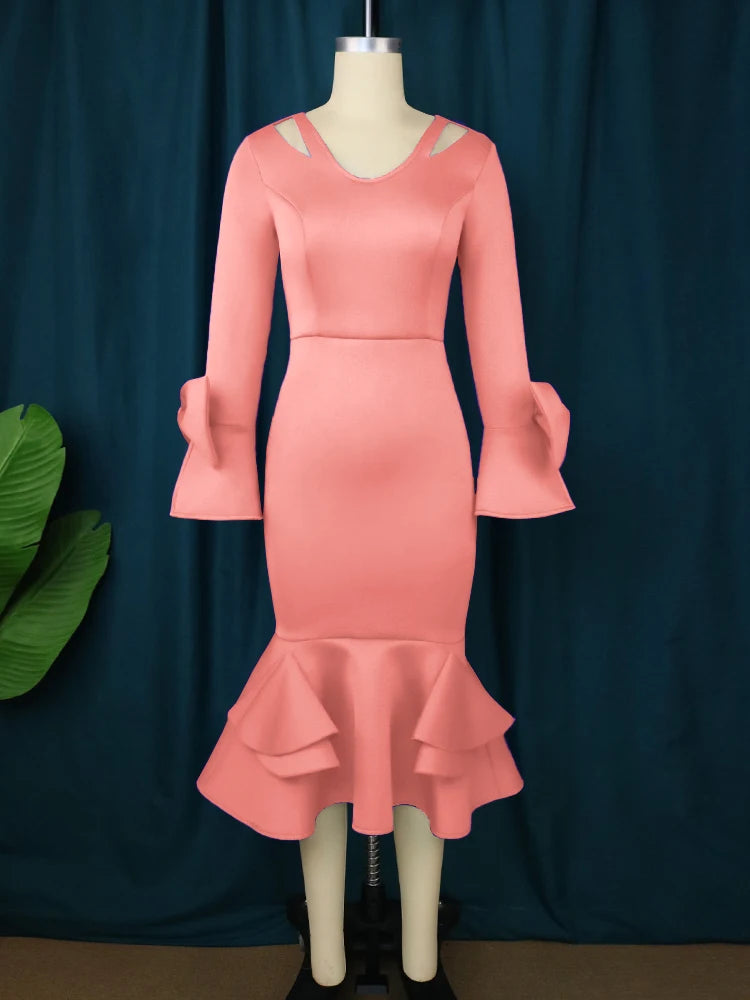Flare Sleeves Bow Cold Shoulder Ruffles Mermaid Women Evening Dresses