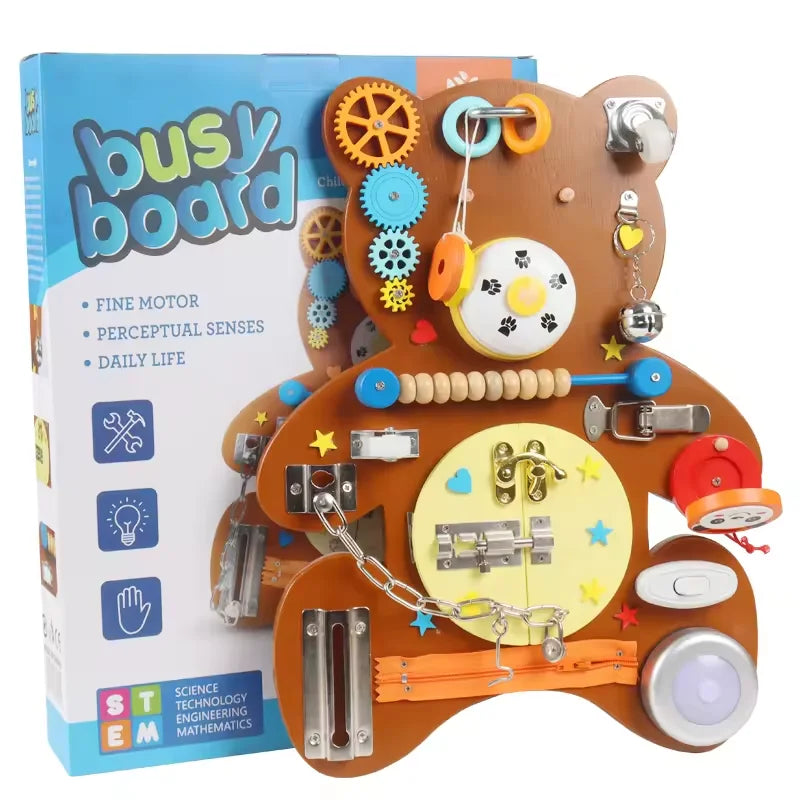 Factory Direct Sale Montessori Sensory Wooden Brown Bear Busy Activity Board Children Educational Learning Toys for Baby Kids