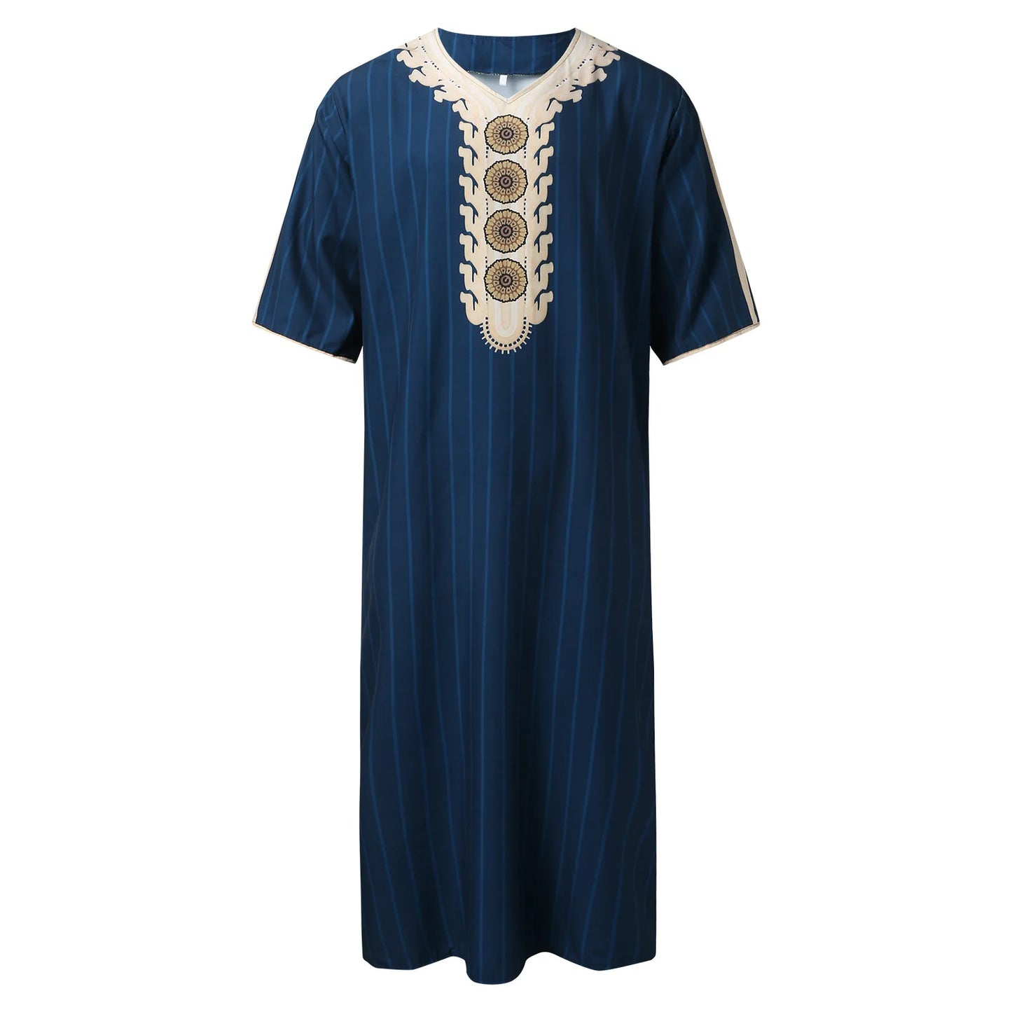 New Fashion Middle East Arab Men V-neck Printed Half Sleeve Thin Robe Ethnic Long Shirt Loose Men's Clothes Casual Dress Robe