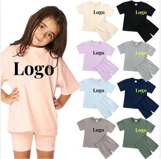 Kids Baby Two Pieces Clothing Sets Cotton T-shirt Shorts Sets Custom logo Baby Kids Summer Wear Shorts Two Pcs Sets