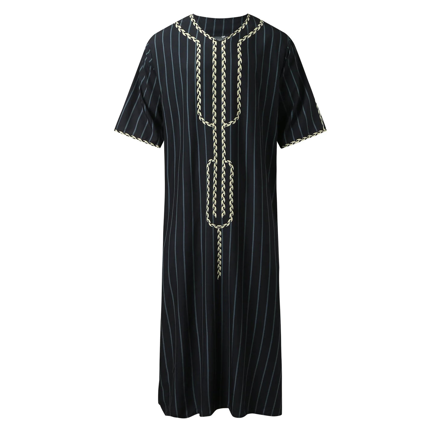New Fashion Middle East Arab Men V-neck Printed Half Sleeve Thin Robe Ethnic Long Shirt Loose Men's Clothes Casual Dress Robe