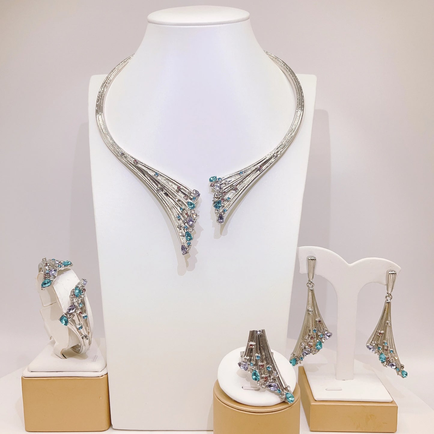 Yulaili New 24k Gold Wedding Multicolor Stone Necklace Silver Set Accessories Fashion High Quality Hot Selling Zircon Jewelry