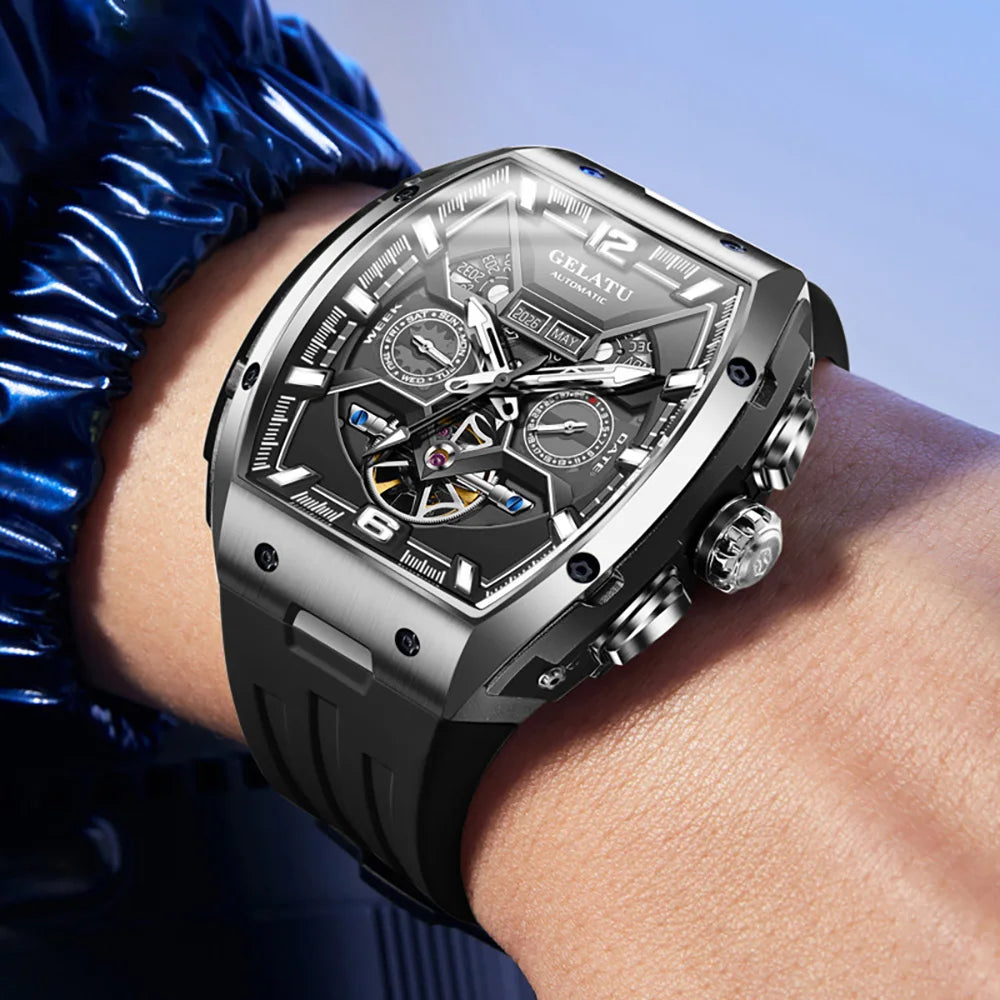Tonneau Luxury Skeleton Watch for Men Mechanical 50M Waterproof Analogue Watch Unique Cool Silicone Strap Band Automatic Watch