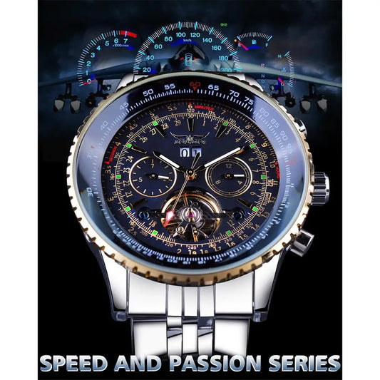 Jaragar 2025 Flying Series Golden Bezel Scale Dial Design Stainless Steel Mens Watch Top Brand Luxury Automatic Mechanical