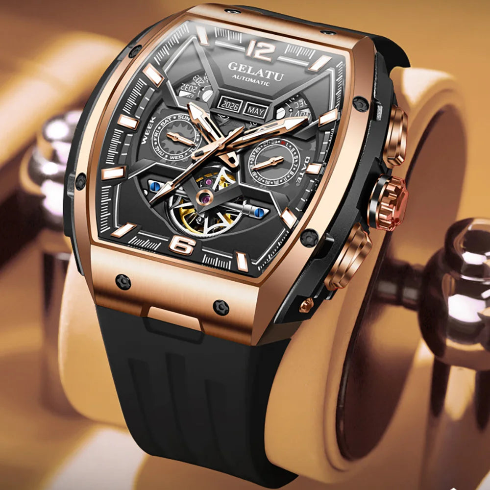 Tonneau Luxury Skeleton Watch for Men Mechanical 50M Waterproof Analogue Watch Unique Cool Silicone Strap Band Automatic Watch
