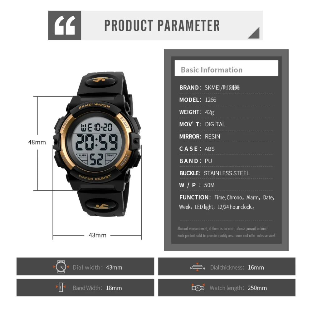 ساعة SKMEI الإلكترونية الرقمية للأطفال، مزودة بإضاءة LED، ساعة كرونوغراف رياضية، مقاومة للماء حتى 5 بار، ساعات يد للأطفال من الأولاد والبنات