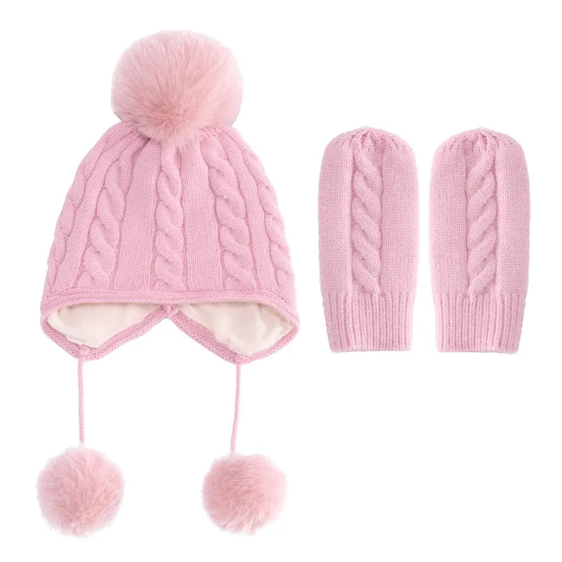 Wholesale 2 PCS Beanie Pure Color Baby Kids Girls Boys Winter Warm Knit Hat Cute Glove Lovely Comfortable Elastic Suitable