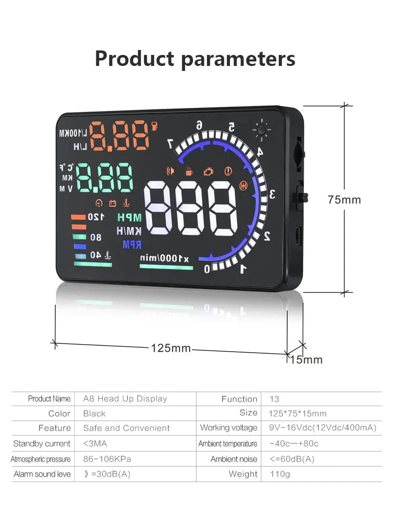 AD Digital Car OBD HUD A8 Head Up Display AUTO HUD OBD Reflect Windshield Screen Projector LED Speedometer Water Temp RPM Meter