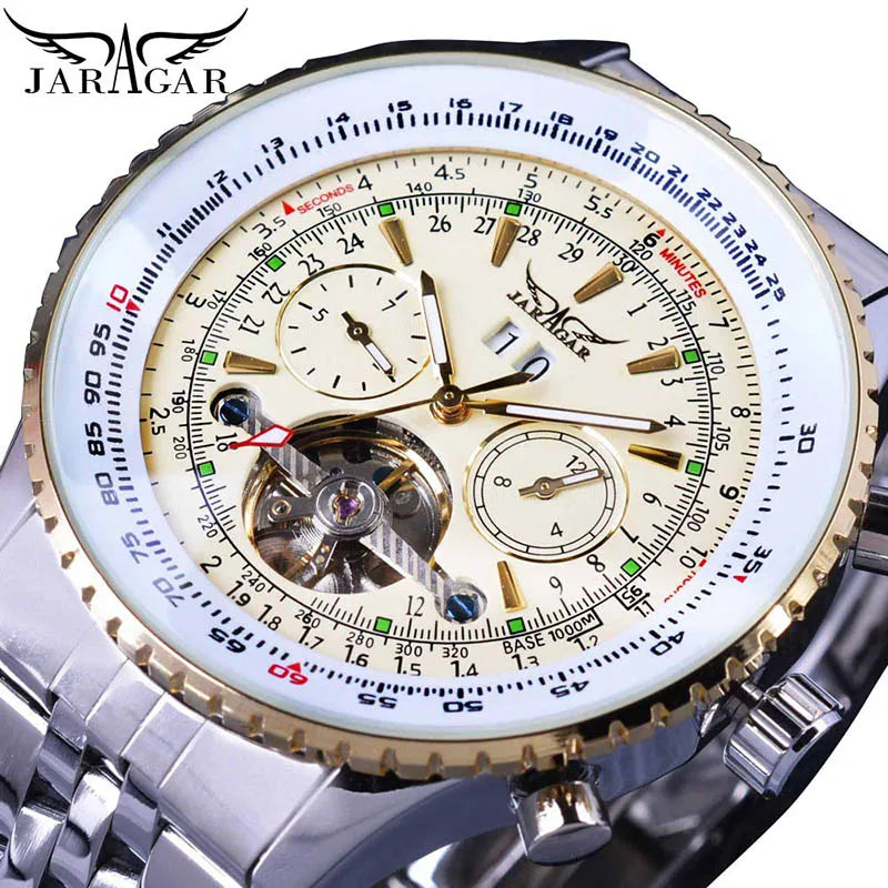 Jaragar 2025 Flying Series Golden Bezel Scale Dial Design Stainless Steel Mens Watch Top Brand Luxury Automatic Mechanical