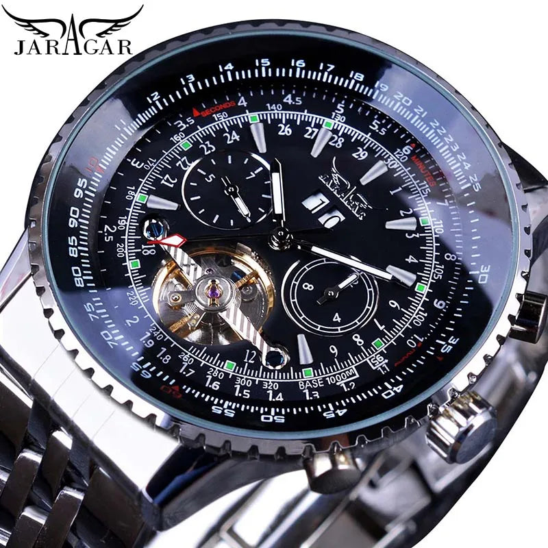 Jaragar 2025 Flying Series Golden Bezel Scale Dial Design Stainless Steel Mens Watch Top Brand Luxury Automatic Mechanical
