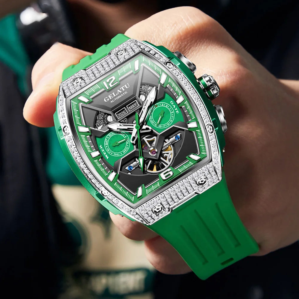 Tonneau Luxury Skeleton Watch for Men Mechanical 50M Waterproof Analogue Watch Unique Cool Silicone Strap Band Automatic Watch