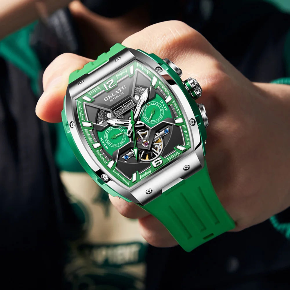 Tonneau Luxury Skeleton Watch for Men Mechanical 50M Waterproof Analogue Watch Unique Cool Silicone Strap Band Automatic Watch