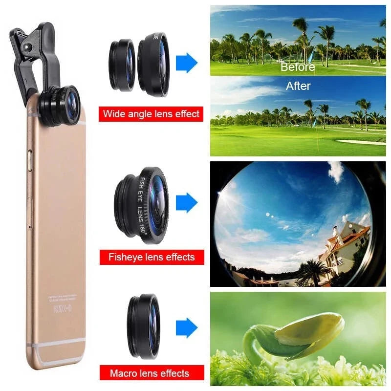 3in1 Fisheye Phone Lens 0.67X Wide Angle Zoom Fish Eye Macro Lenses Camera Kits With Clip Lens On The Phone For Smartphone