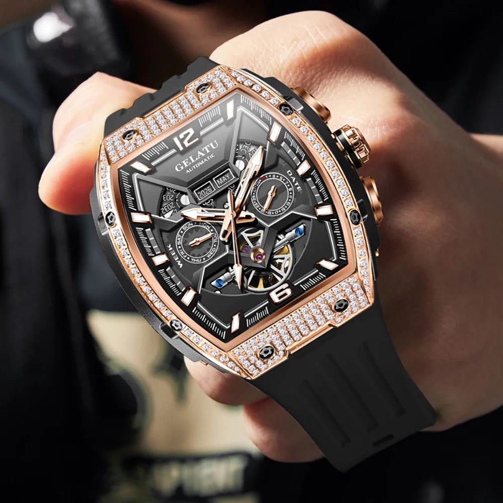 Tonneau Luxury Skeleton Watch for Men Mechanical 50M Waterproof Analogue Watch Unique Cool Silicone Strap Band Automatic Watch
