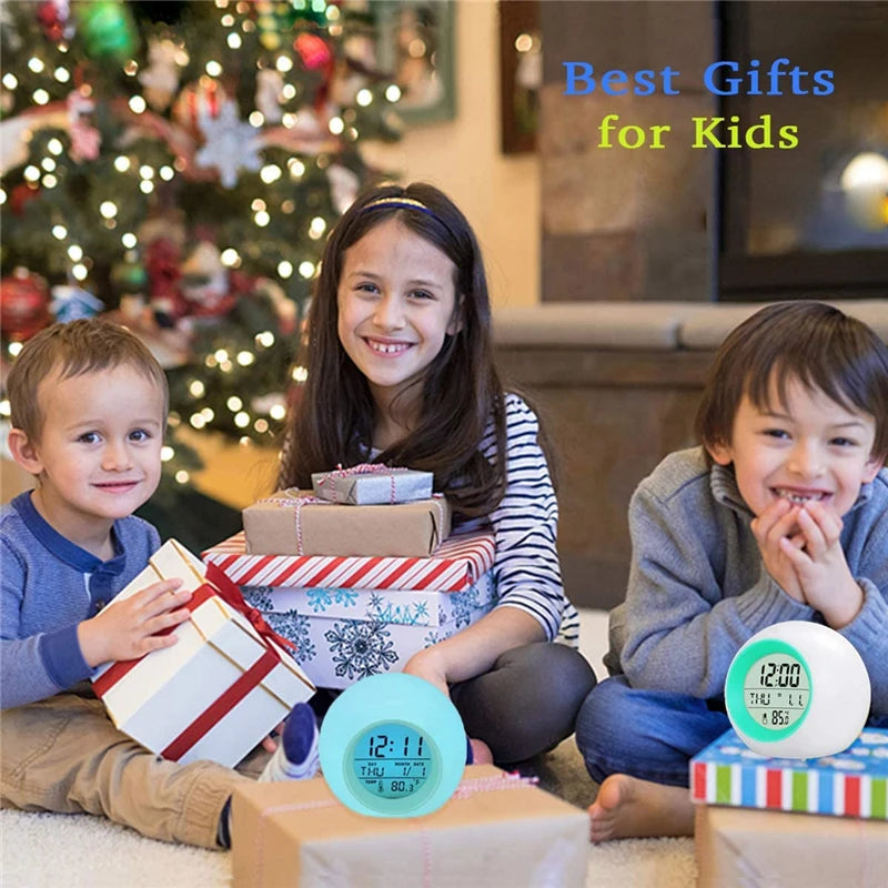Kids Digital Alarm Clock 7 Color Night Light Snooze Temperature Detect Children Sleep Bedside Cute Wake Up Timer Alarm Clock