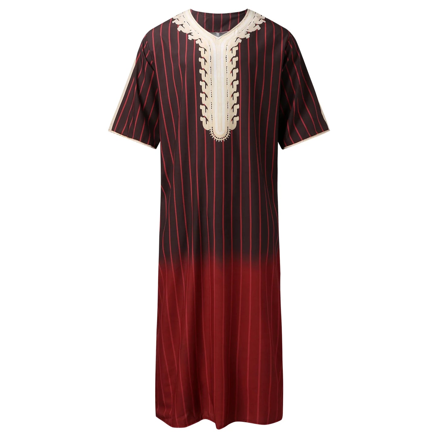 New Fashion Middle East Arab Men V-neck Printed Half Sleeve Thin Robe Ethnic Long Shirt Loose Men's Clothes Casual Dress Robe
