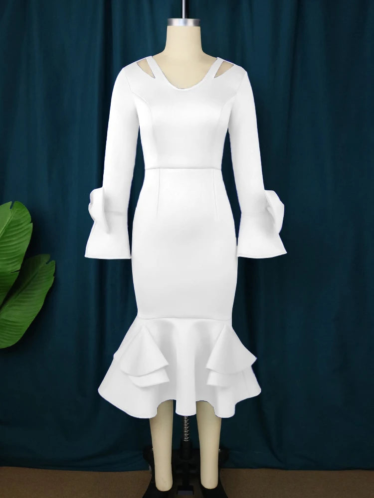 Flare Sleeves Bow Cold Shoulder Ruffles Mermaid Women Evening Dresses
