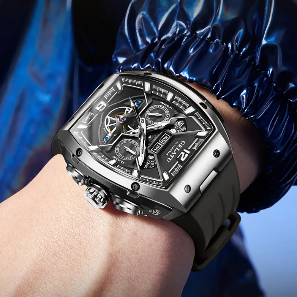 Tonneau Luxury Skeleton Watch for Men Mechanical 50M Waterproof Analogue Watch Unique Cool Silicone Strap Band Automatic Watch