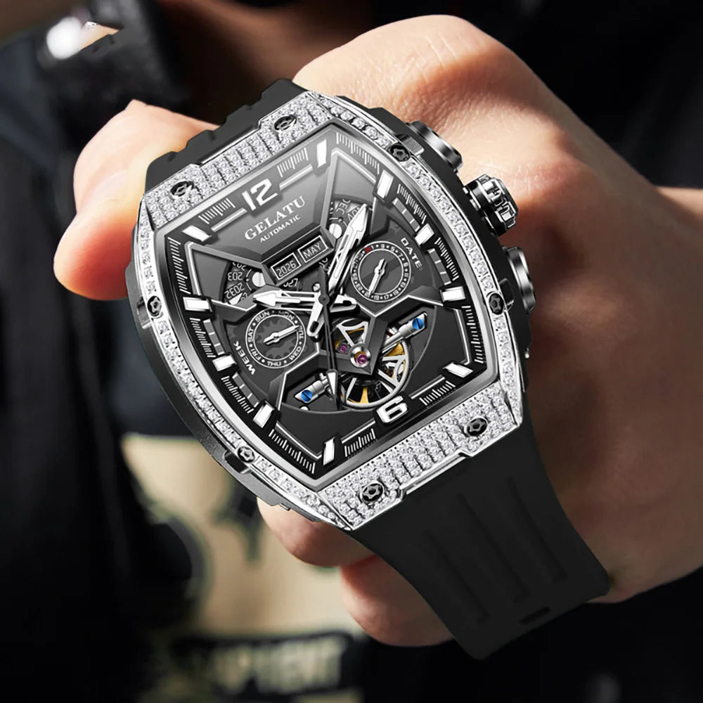 Tonneau Luxury Skeleton Watch for Men Mechanical 50M Waterproof Analogue Watch Unique Cool Silicone Strap Band Automatic Watch