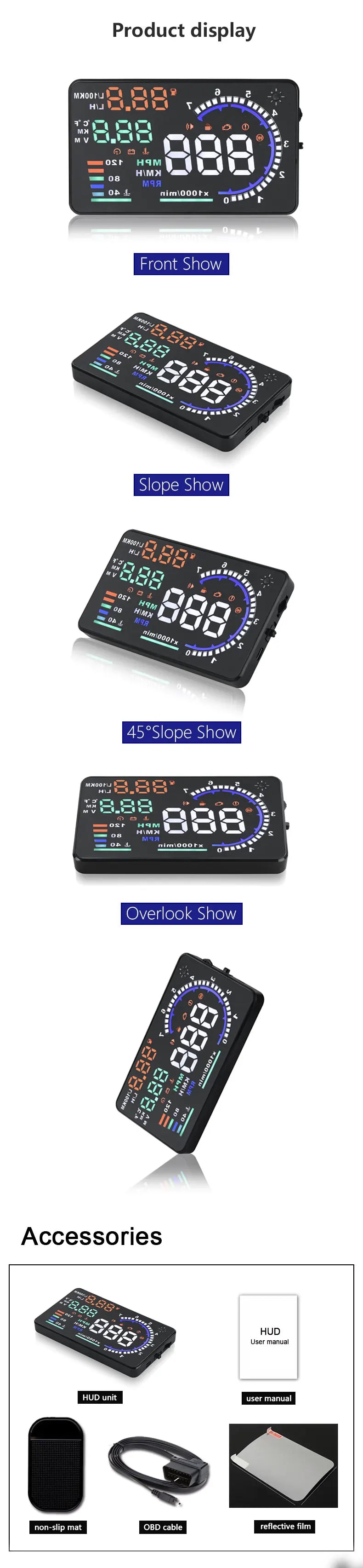 AD Digital Car OBD HUD A8 Head Up Display AUTO HUD OBD Reflect Windshield Screen Projector LED Speedometer Water Temp RPM Meter