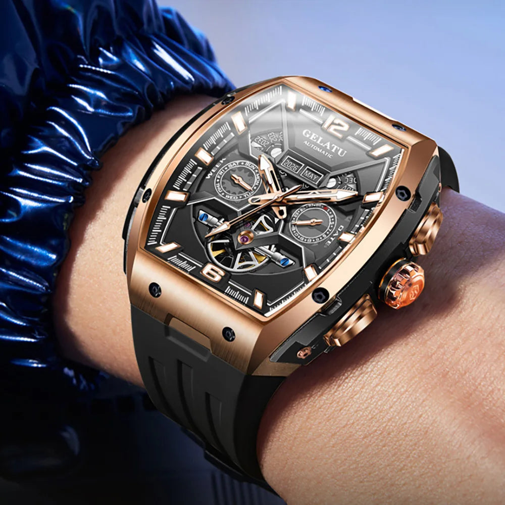 Tonneau Luxury Skeleton Watch for Men Mechanical 50M Waterproof Analogue Watch Unique Cool Silicone Strap Band Automatic Watch