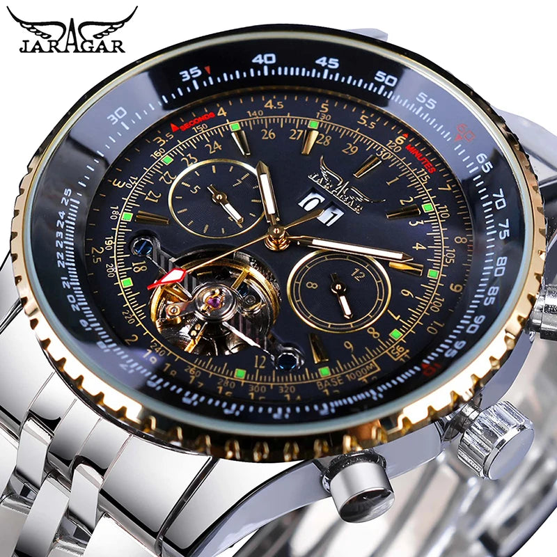 Jaragar 2025 Flying Series Golden Bezel Scale Dial Design Stainless Steel Mens Watch Top Brand Luxury Automatic Mechanical