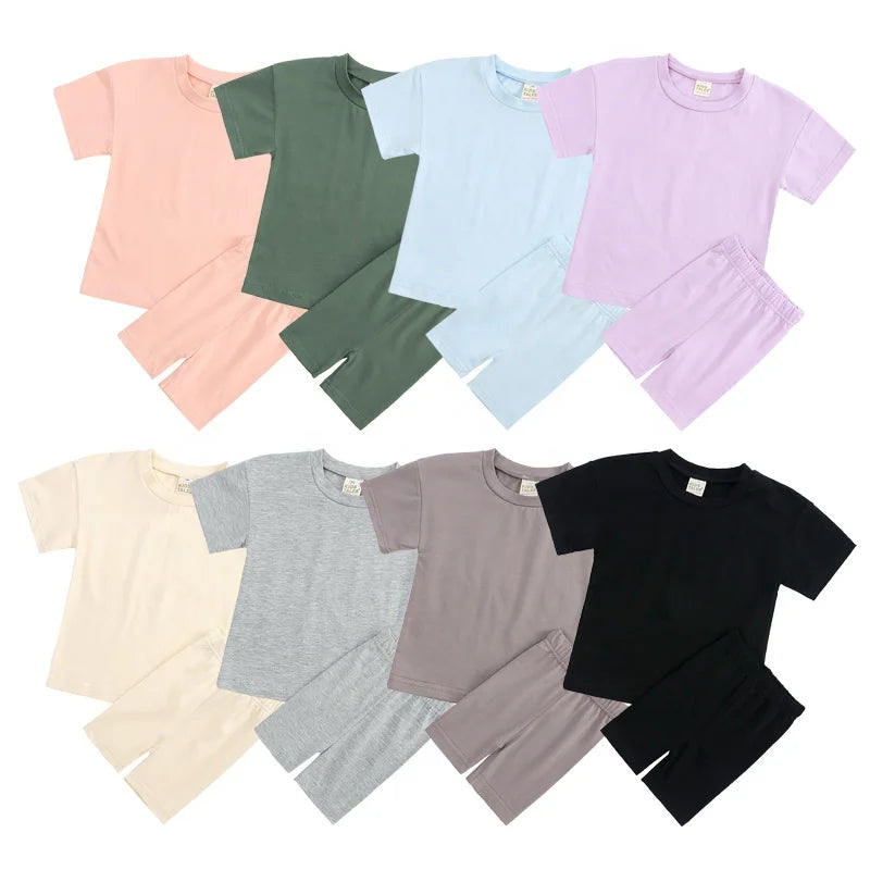 Kids Baby Two Pieces Clothing Sets Cotton T-shirt Shorts Sets Custom logo Baby Kids Summer Wear Shorts Two Pcs Sets