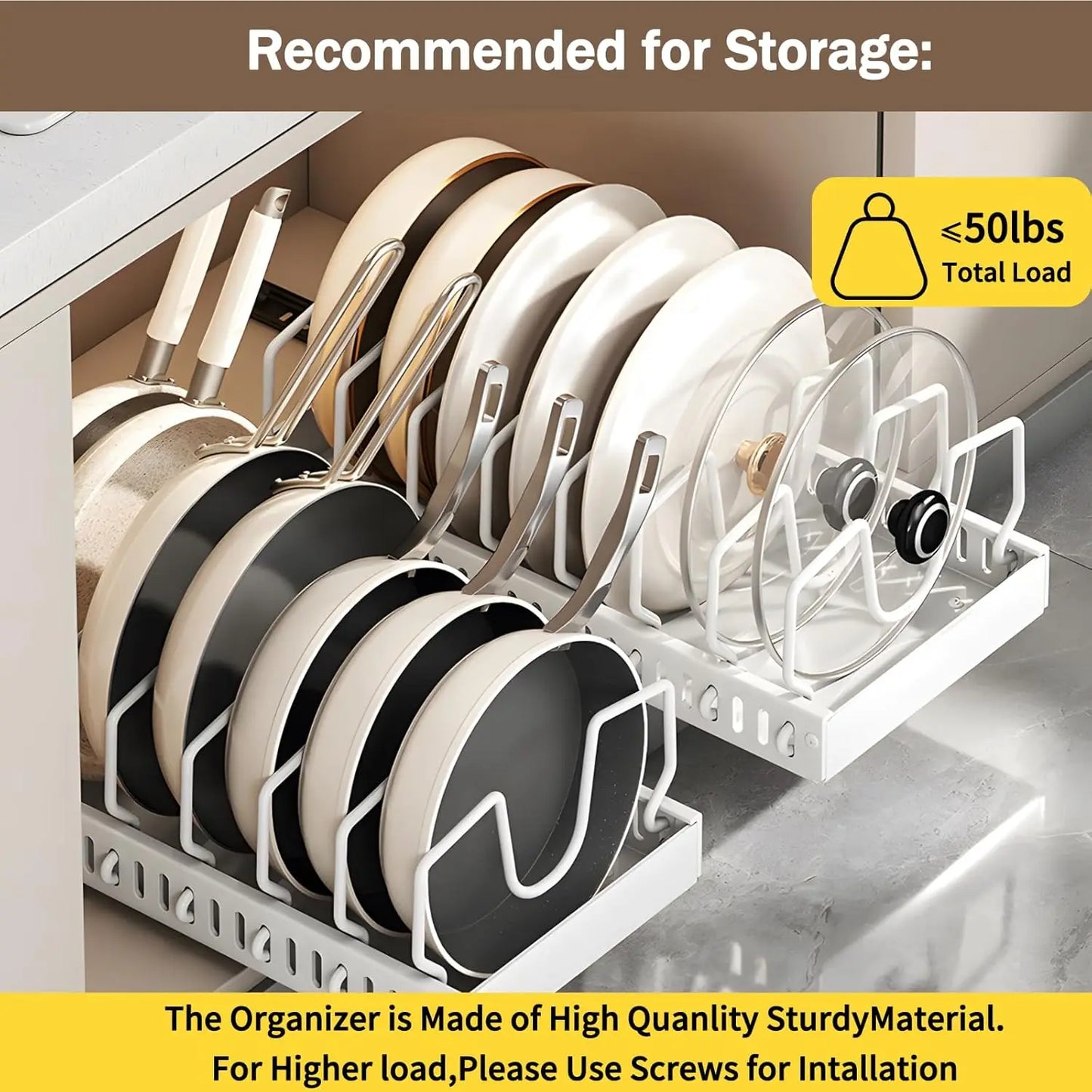 Pull Out Pots Pans Organizer for Under Cabinet Pull Out Cabinet Organizer Storage Pot Lid Organizer holder Adjustable Dividers