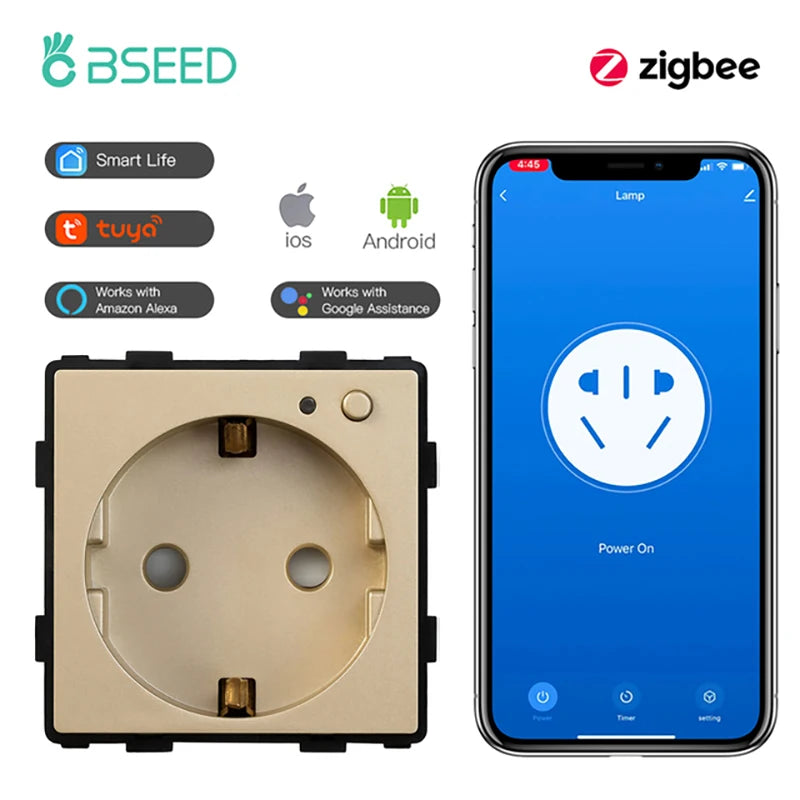 BSEED Zigbee Smart Socket EU Power Monitor Outlet DIY Function Parts Work With Tuya Smart Life Alexa App Indicator Wall Mounted